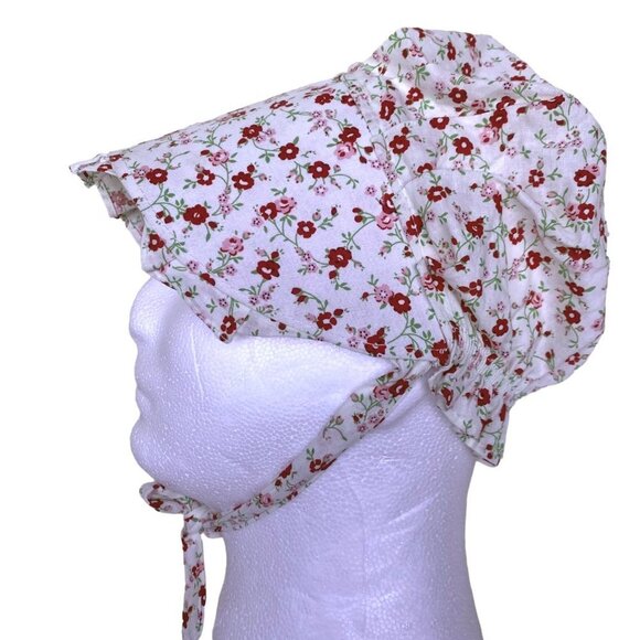 Pioneer Bonnet Old Fashioned Prairie White Red Floral Modest Farmhouse Medium - Picture 3 of 12